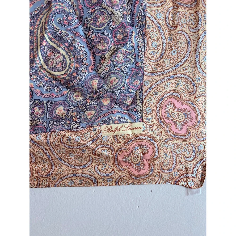 Vintage Ralph Lauren 100% Silk Paisley Square Scarf 34x34 Blue Pink Gold Italy